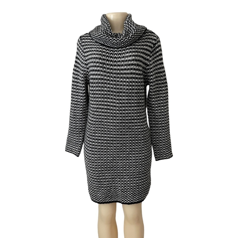 Cliche Couture Black & White Turtleneck‎ Cowl Neck Knit Sweater Shirt Dress